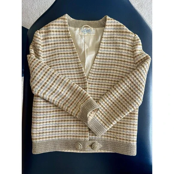 Vintage CISA OF ITALY Knit Cream Skirt Suit, Gold Silver Check Pattern, Size 10